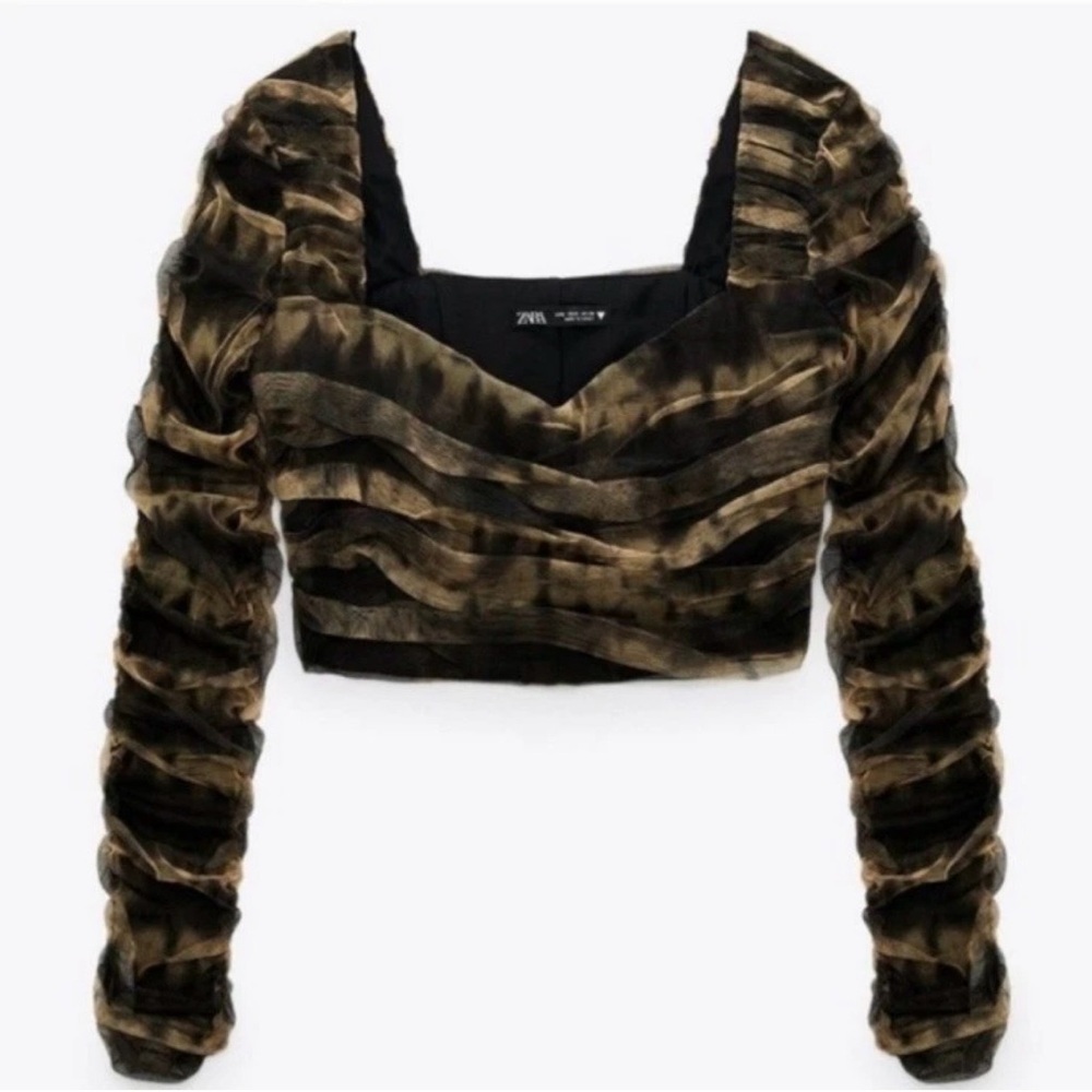 NWT Zara Women's Corsetry Tulle Crop Top Black Tan Mesh Long Sleeve Size Medium